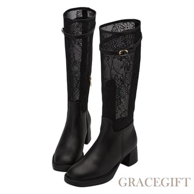 【Grace Gift】小貓聯名-唯美雕花蕾絲牛皮長靴 黑