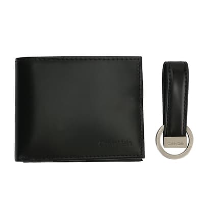 Calvin Klein 經典壓印LOGO皮革短夾鑰匙圈禮盒-黑色