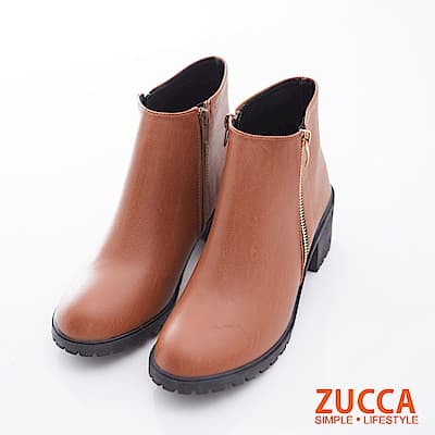 ZUCCA-簡約皮革金屬拉鍊低跟靴-駝-z6719lc