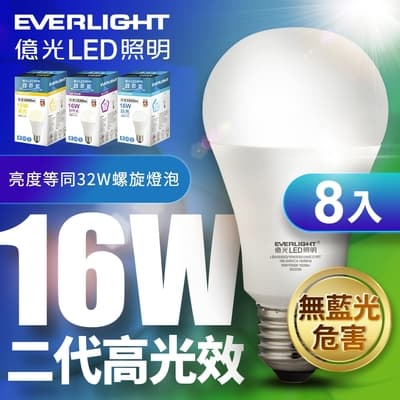 億光 二代高光效LED球泡燈16W取代32W螺旋燈泡-8入組 (白光/自然光黃光)