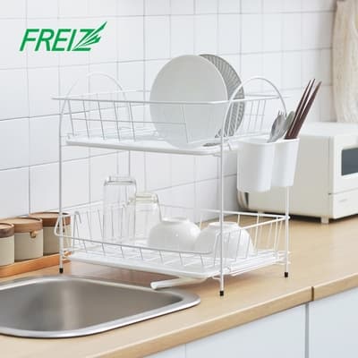 日本和平FREIZ Blance 寬型雙層碗盤餐具瀝水架(附筷筒)