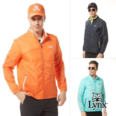 【Lynx Golf】男款輕量沖孔透氣布料剪裁斜紋造型拉鍊口袋長袖外套(三色)