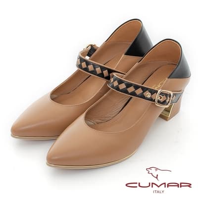 【CUMAR】尖頭兩穿式撞色編織帶粗跟瑪莉珍鞋-杏色