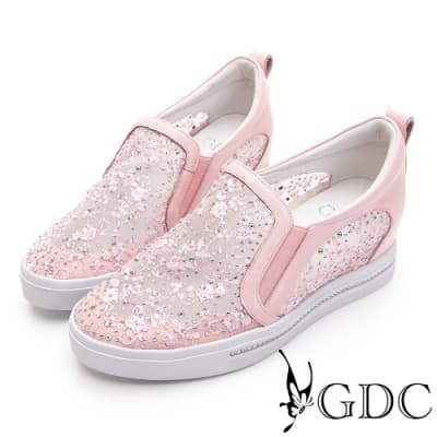 GDC-夢幻碎花水鑽蕾絲透膚春夏厚底休閒鞋-粉色