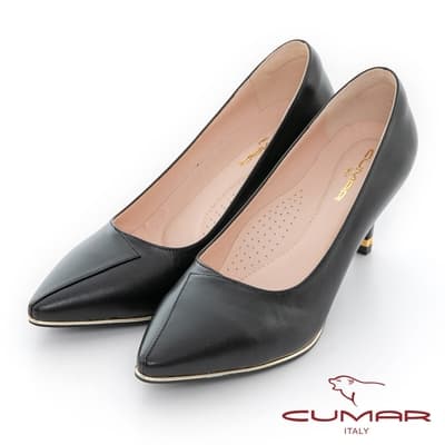 【CUMAR】拼接鞋面簡約金屬沿條裝飾高跟鞋-黑色