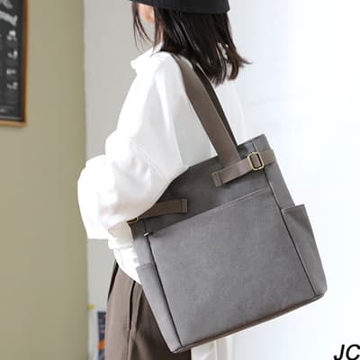 【JC Collection】日系簡約大容量帆布手提包側肩包(灰色)