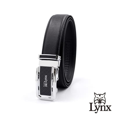 【Lynx】美國山貓-時尚男士十字壓紋皮帶腰帶 牛皮/經典款/自動扣 LY11-8374-99(黑色)