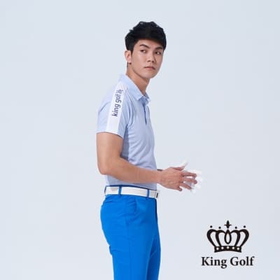 【KING GOLF】男款織帶撞色開襟POLO衫/高爾夫球衫-藍色