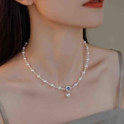 【Paiya 派亞】S925銀海藍寶碎銀天然淡水珍珠項鍊法式輕奢優雅小眾氣質高級感鎖骨鏈