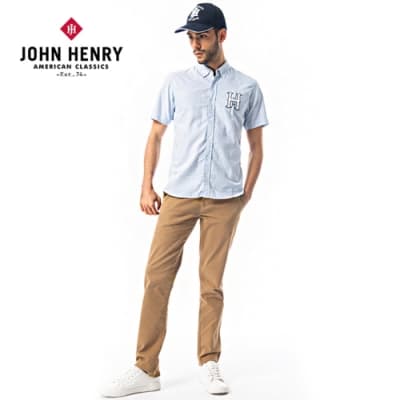 JOHN HENRY 經典刺繡文字短袖襯衫-藍