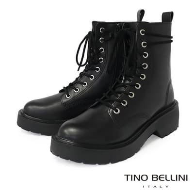 Tino Bellini 巴西進口牛皮繫帶中筒厚底短靴-黑