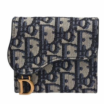 Dior 經典SADDLE LOTUS緹花布小牛皮內襯D墜飾摺疊三折短夾(藍色)
