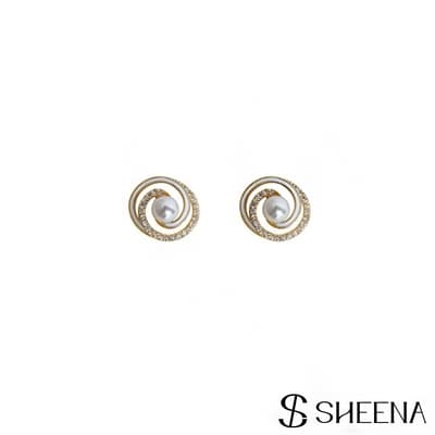 SHEENA 螺旋珍珠鋯石耳環-金
