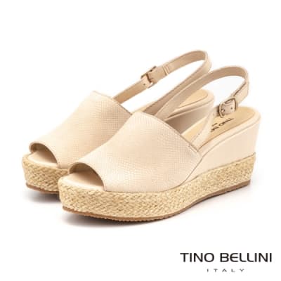 Tino Bellini巴西進口蛇紋魚口麻編楔型涼鞋_米白
