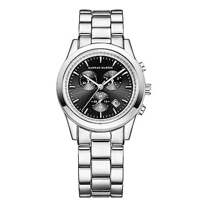 HANNAH MARTIN  勝利密碼裝飾三眼不鏽鋼腕錶(HM-1039-Y)黑x38mm