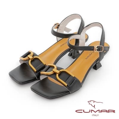【CUMAR】大金屬扣環窄版一片式方頭低跟涼鞋-黑