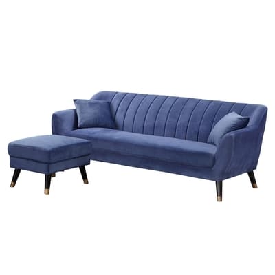 Boden-塔托藍色絨布L型沙發-贈抱枕(三人座+腳椅凳)