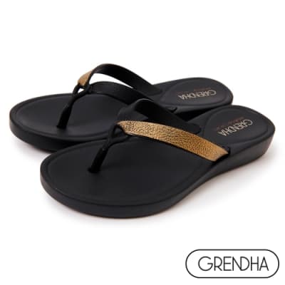 Grendha 華麗古典楔型夾腳鞋-黑色/金