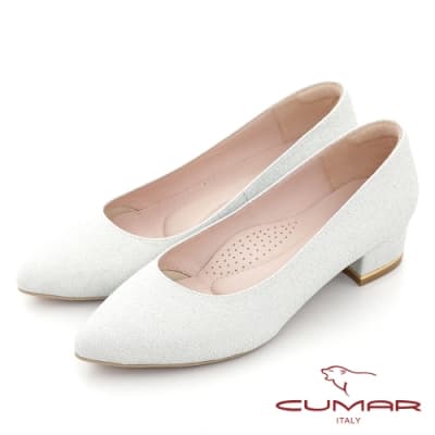 【CUMAR】尖頭閃耀花紋布粗跟鞋-白銀