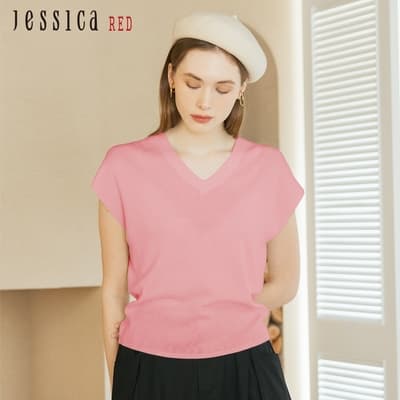 JESSICA RED - 簡約舒適百搭羊毛V領短袖針織衫R35502（粉）