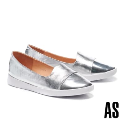休閒鞋 AS 簡約率性異材質拼接全真皮厚底休閒鞋－銀