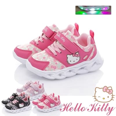 Hello Kitty 童鞋 LED電燈透氣抗菌防臭吸震休閒鞋運動鞋小碎花款-紫.粉.黑色