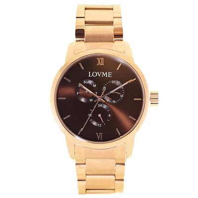 LOVME 072紳士質感不鏽鋼三眼時尚手錶-IP玫x咖啡/43mm