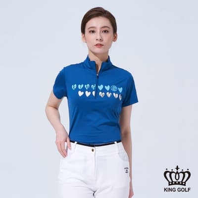 【KING GOLF】女款愛心排列拉鍊印圖POLO衫/高爾夫球衫-藍色
