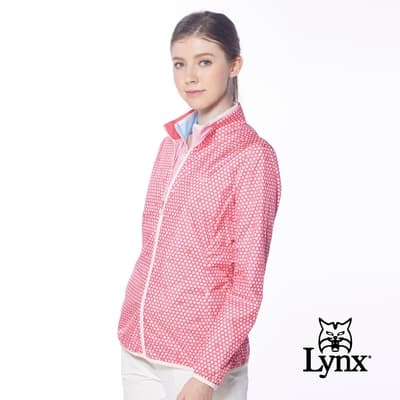 【Lynx Golf】女款滿版高爾夫球LYNX字樣印花隱形拉鍊口袋長袖外套-亮紅色