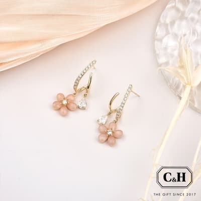 C&H 優雅花瓣閃爍鋯石・925低敏銀針耳環--粉