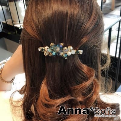 AnnaSofia 鑽透刻晶果實 髮夾髮飾彈簧夾公主夾(幻藍系)