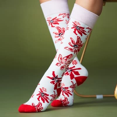 【GLORY21】網路獨賣款-法式時尚潮風高筒襪-白底紅花
