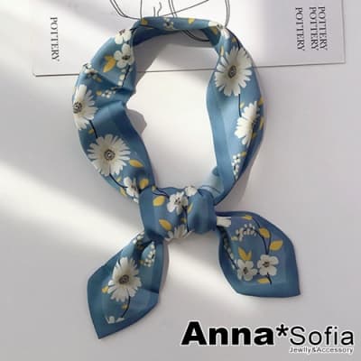 AnnaSofia 花藤雙面圖 窄版緞面仿絲領巾絲巾圍巾(雛菊藍系)