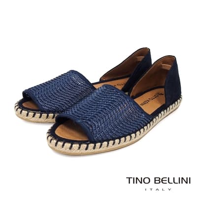 Tino Bellini 西班牙進口悠閒樂活露趾草編平底鞋-藍