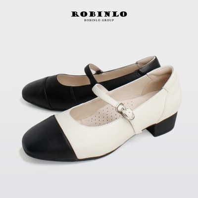 ROBINLO羊皮低跟溫柔小香風拼色瑪莉珍鞋 法式黑/奶油白