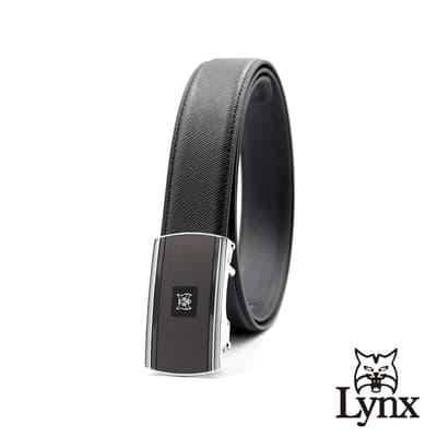 【Lynx】美國山貓-時尚男士十字壓紋皮帶腰帶 牛皮/經典款/自動扣 LY11-8362-99(黑色)