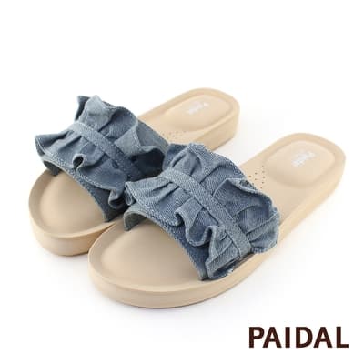 Paidal 荷葉牛仔厚底一片式美型涼拖鞋-牛仔藍