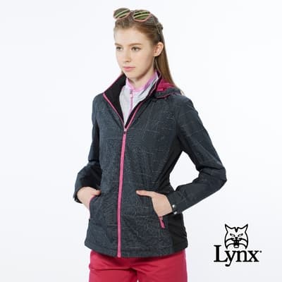 【Lynx Golf】女款3M反光紗設計刷毛保暖格紋拉鍊口袋長袖可拆式連帽外套-黑色