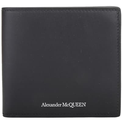 Alexander McQueen 品牌字母標誌全黑款小牛皮8卡對折短夾