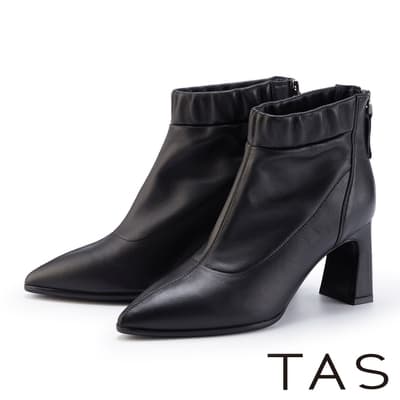 TAS 線條縮口羊皮尖頭高跟短靴 黑色