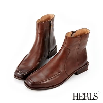 HERLS短靴 復古擦色牛皮拼接方頭低跟短靴 深棕色