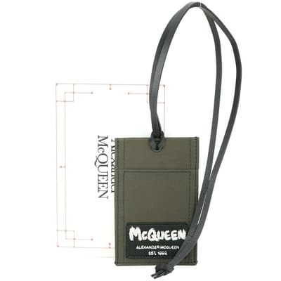Alexander McQueen 可拆皮掛繩刺繡字母帆布證件夾/卡片夾(墨綠色)
