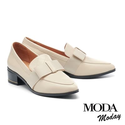 低跟鞋 MODA MODAY 韓系氣質蝴蝶結微尖頭樂福粗低跟鞋－米
