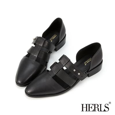 HERLS低跟鞋 全真皮魚骨鏤空側V橢圓頭低跟鞋 黑色