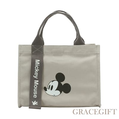【Grace Gift】迪士尼米奇款織帶帆布提袋 灰