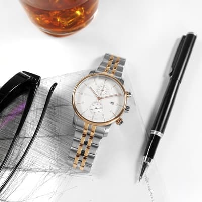 WENGER  / Urban 簡約雙眼 日期 防水 不鏽鋼手錶-白x鍍玫瑰金/42mm