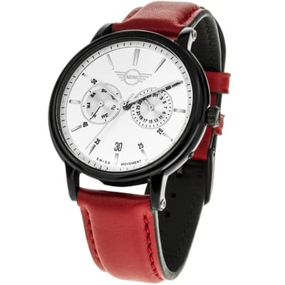 MINI Swiss Watches 石英錶 43.5mm 白色二眼錶面 紅色皮錶帶