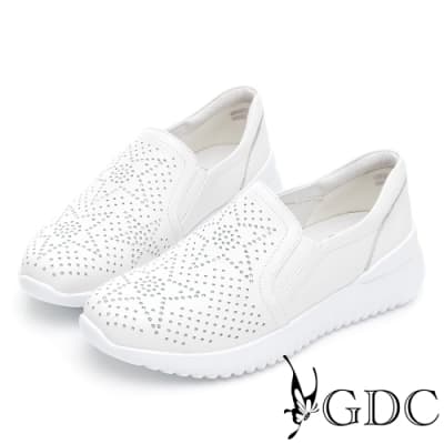 (小白鞋推薦)GDC-真皮沖孔鑲鑽舒適懶人休閒鞋-白色