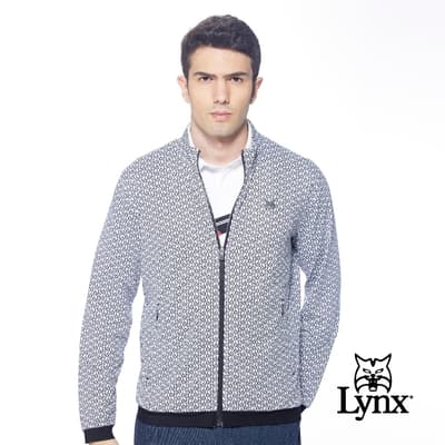 【Lynx Golf】korea男款滿版Lynx字樣印花隱形拉鍊口袋長袖外套-黑色