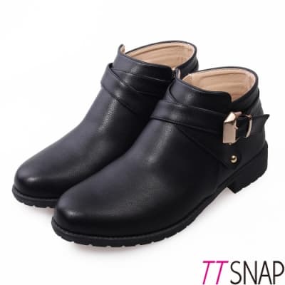 TTSNAP短靴-MIT金屬扣環側拉鍊皮革低跟踝靴 黑